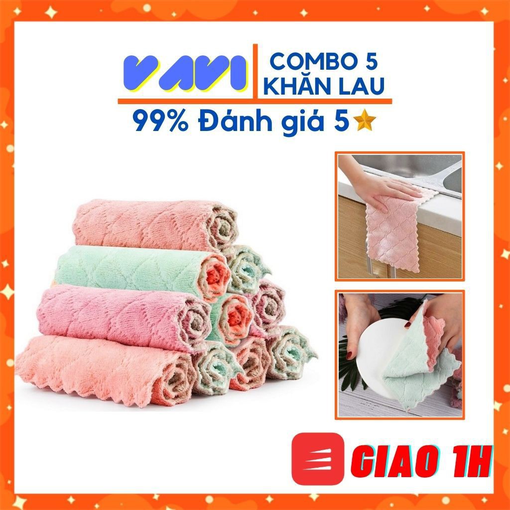 [COMBO 5 KHĂN] Khăn lau đa năng nhà bếp cao cấp 2 mặt siêu mềm mại, khăn lau đa năng thấm nước tốt và nhanh khô