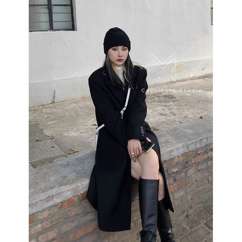 Áo khoác dạ đen dáng dài cao cấp hai hàng cúc dễ dàng phối đồ