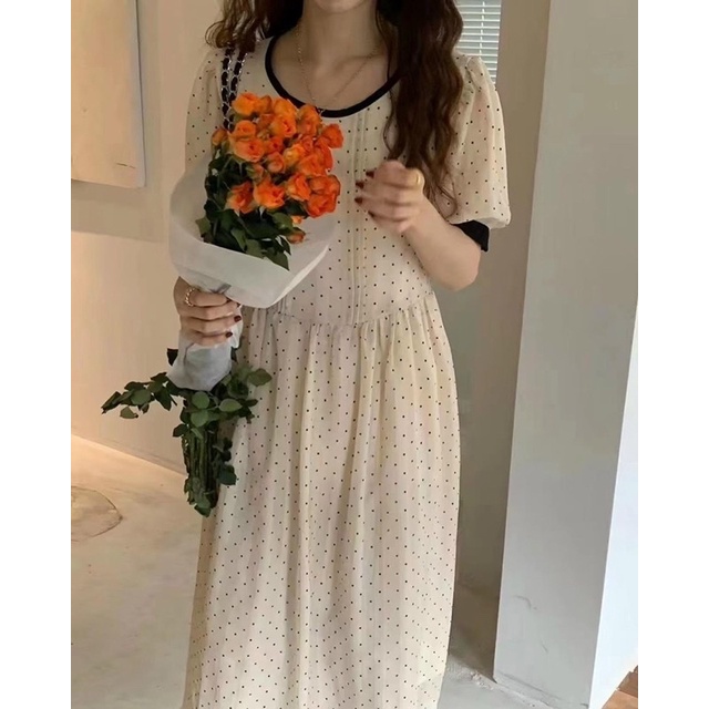 Váy babydoll dài Chấm Bi nhí, váy babydoll dài Hàn Quốc Bazic one