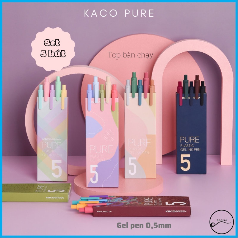 Bộ 5 bút gel KACO PURE mực nhiều màu ngòi 0,5mm (Hàng Chính Hãng)