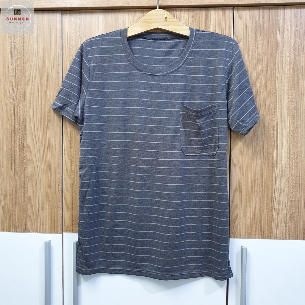 Áo Thun Nam Trung Niên Cổ Tròn Sọc Ngang From Rộng Tay Lở Cực Thoáng Mát SUNMEN Freesize