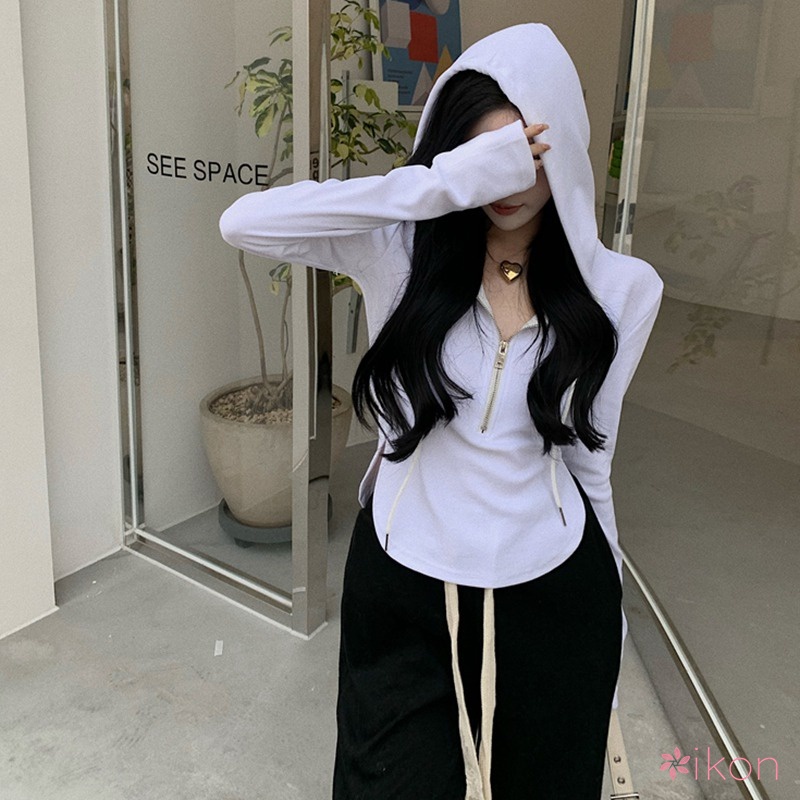 Áo Thun Có Mũ Trùm Và Khóa Kéo Màu Sắc Đơn Giản Thời Trang Hàn Quốc Cho Nữ