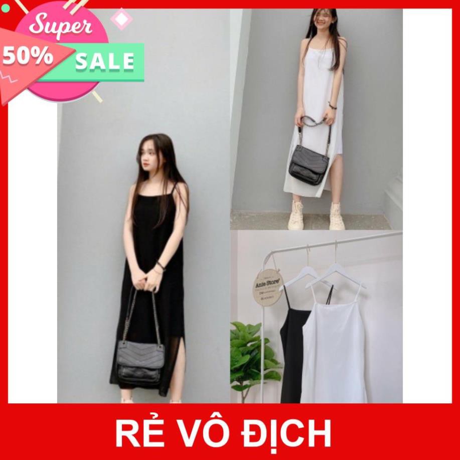 Đầm 2 Dây Nữ Voan , Váy Trơn Chất Von Kèm Lót Xẻ Tà Dáng Suông