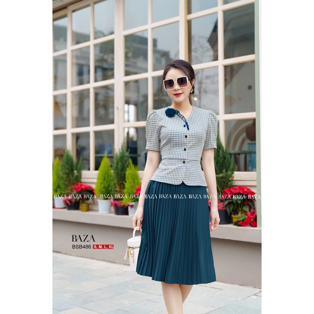 Set bộ nữ công sở áo kẻ có hoa và chân váy rập ly BSB486