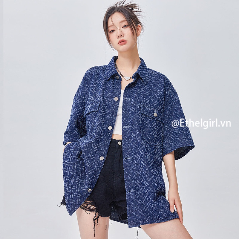 Ethelgirl Áo Sơ Mi denim Mỏng Tay Ngắn Phong Cách retro Thời Trang Dành Cho Nữ