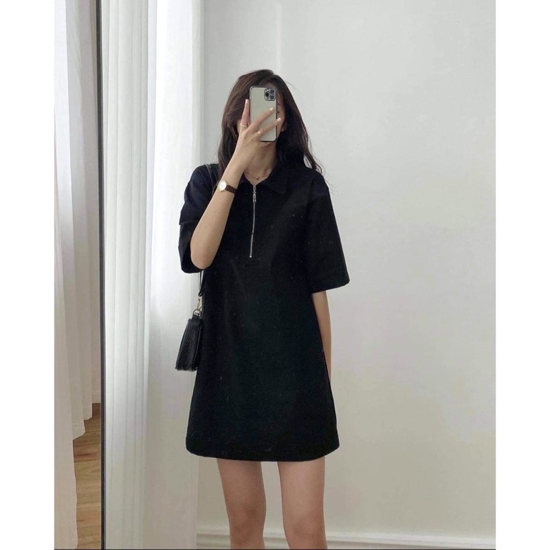 Váy Phối Cổ Sơ Mi Khóa Zip Nữ 🌸Đầm polo thun kaki suông tay lỡ dáng basic bánh bèo Ulzzang🌸