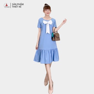 Đầm Suông Công Sở NHẬT VY Cổ Tròn Đính Nơ Chất Cotton Ý Đuôi Cá Màu Xanh, Hồng, Đen - D1938