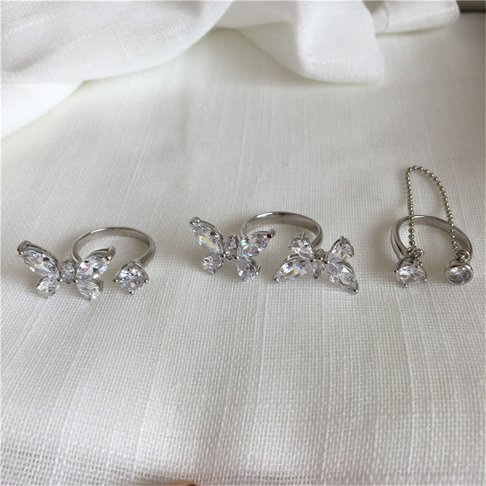 [sweet] woman fashion retro Crystal Butterfly taseel chain Opening Adjustment Rings index finger  rings gift