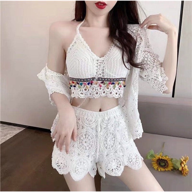 Set biển - set 3 món - bra vây cá mix ngọc + quần ren hoa sóng + choàng ren vỏ sò (có tách rời)