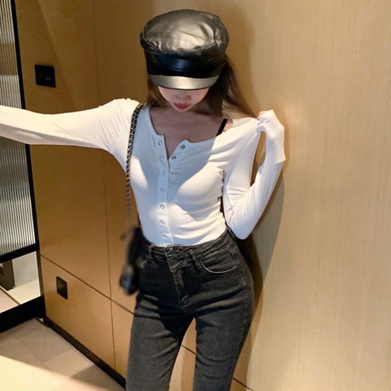 Áo thun tay dài cổ chữ V thời trang cho nữ