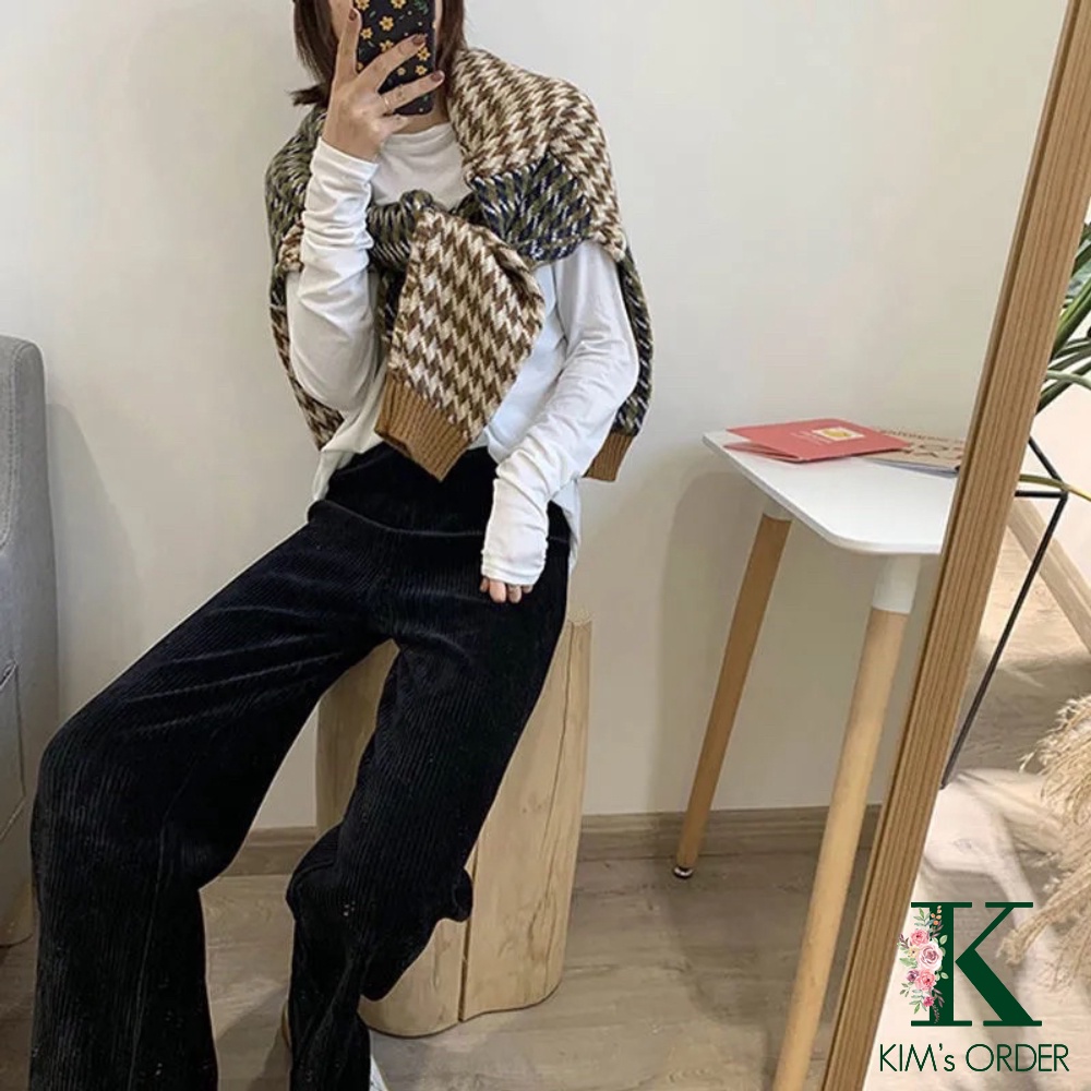 Quần nhung tăm ống rộng nam nữ màu đen be Unisex cạp chun phom suông dài phong cách Ulzzang Hàn Quốc thể thao năng động