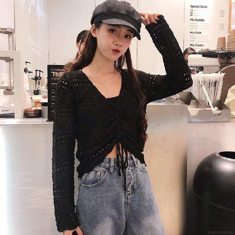 Áo lưới len tay dài cổ V thời trang mùa hè thoáng mát cho nữ | BigBuy360 - bigbuy360.vn