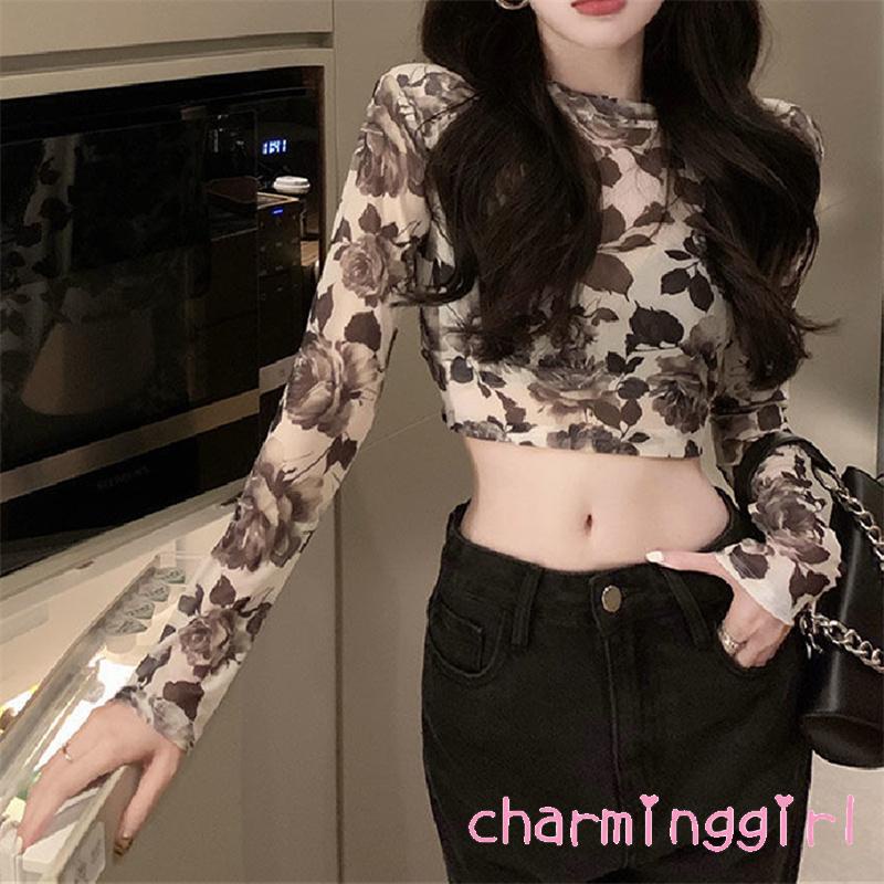 Áo Croptop Tay Dài Cổ Tròn In Họa Tiết Hoa Phong Cách Retro Dành Cho Nữ