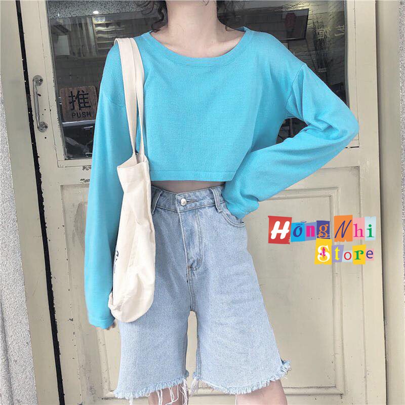 Áo Croptop Trơn Tay Dài Dáng Rộng Xanh Dương Long Tee Ulzzang - MM