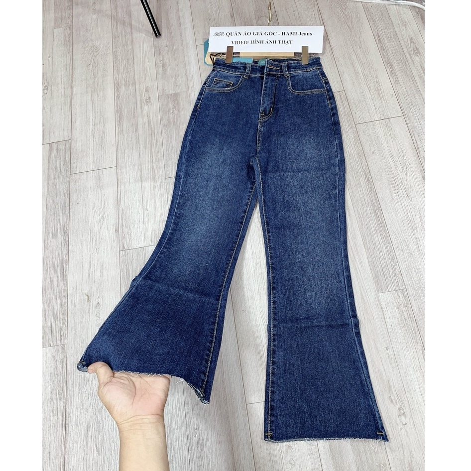 Quần jean nữ ống loe trơn lai cắt co giãn, quần bò loe 9 tấc co giãn lưng siêu cao