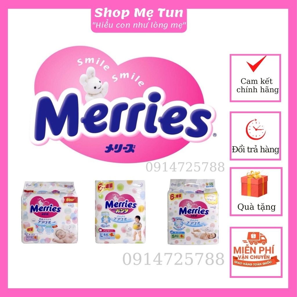 Tã,bỉm Meries Nội Địa Nhật Chính Hãng Cộng Miếng Dán/Quần NB90+6/S82+6/M64+4,quần M58+6/L44+6/XL38+6/XXL26+2
