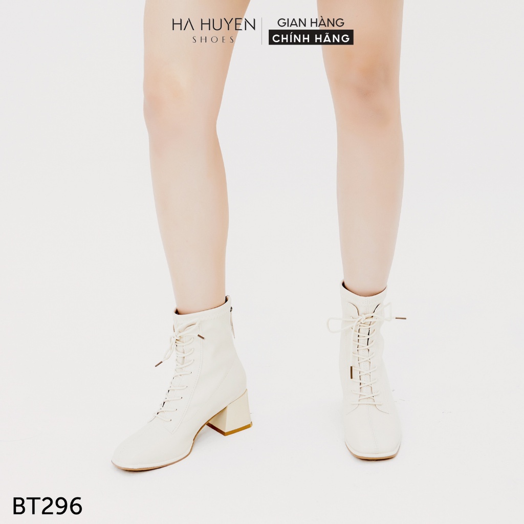 Giày boot nữ Hà Huyền Shoes bốt da mũi tròn buộc dây gót vuông 5 phân trẻ trung - BT296
