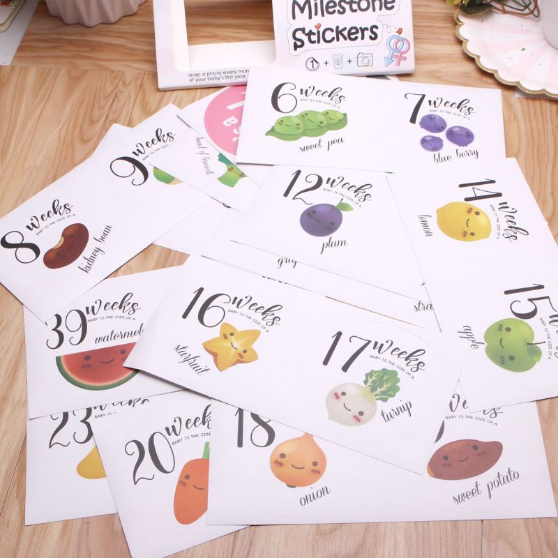 Bộ 28 Miếng Dán Đánh Dấu Cột Mốc Tháng In Họa Tiết Trái Cây Dùng Chụp Ảnh Em Bé / Mẹ Bầu