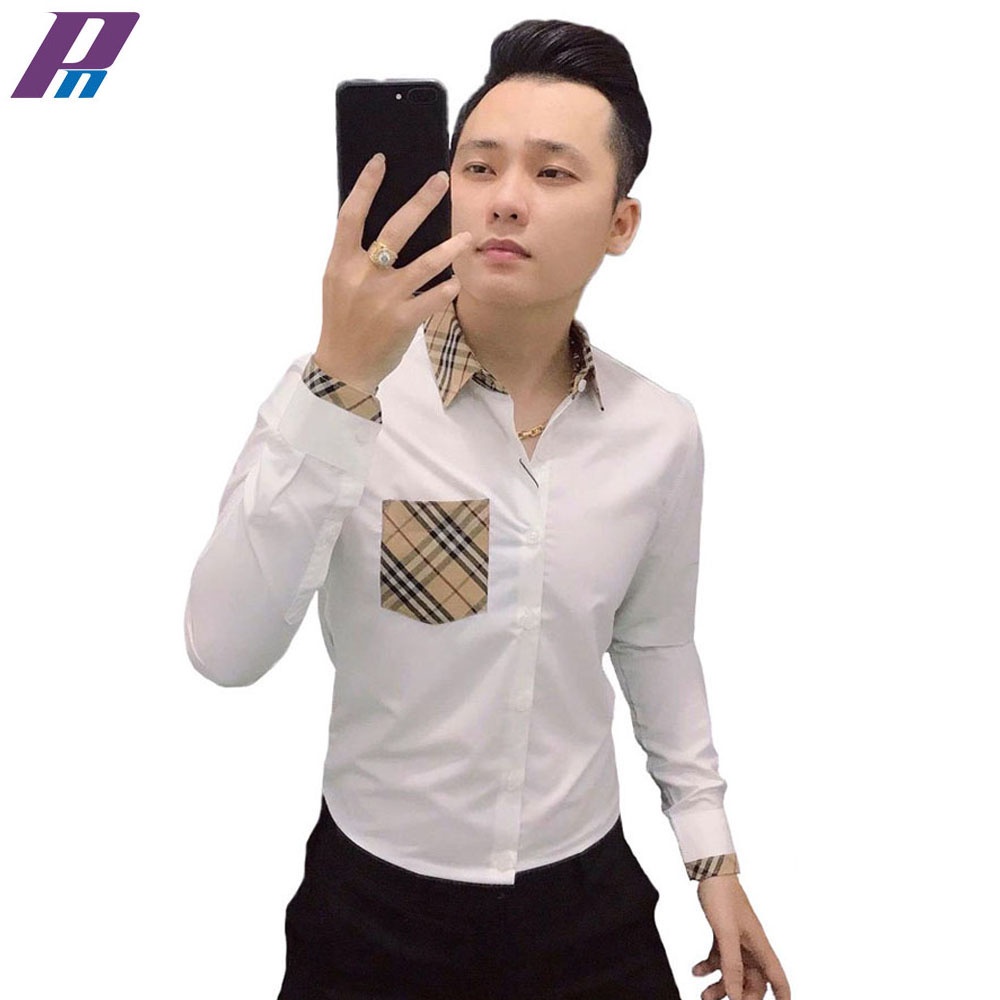 Áo Sơ Mi Nam Dài Tay Trắng Phối Kẻ Vàng Vải Lụa Trơn Cao Cấp Kiểu Dáng Body 68