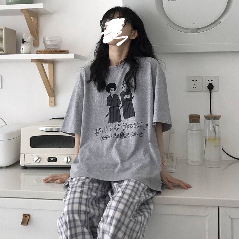 Bộ đồ ngủ áo thun ngắn tay + quần dài ống rộng họa tiết sọc caro thời trang cho nữ