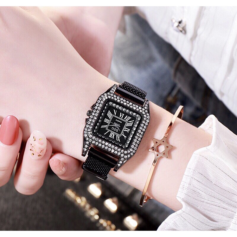 Đồng hồ thời trang nữ DZG dây lưới nam châm mặt chữ nhật đính đá cực đẹp QA436