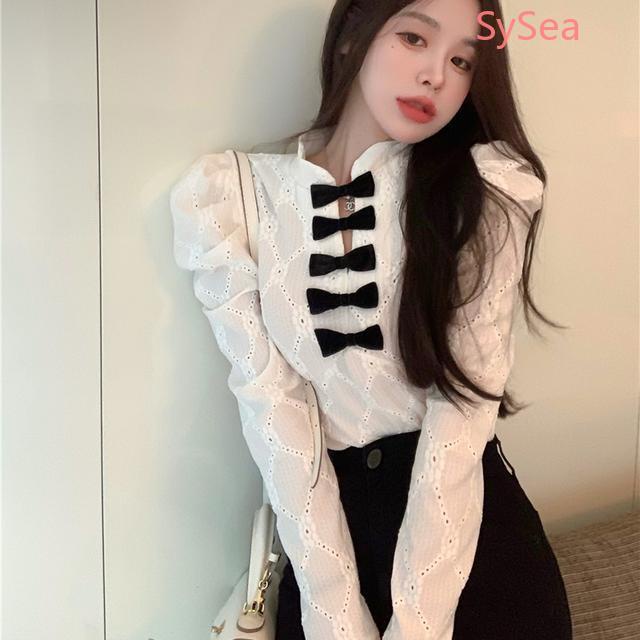 Áo sơ mi dài tay phối ren nơ thời trang mùa xuân cho nữ