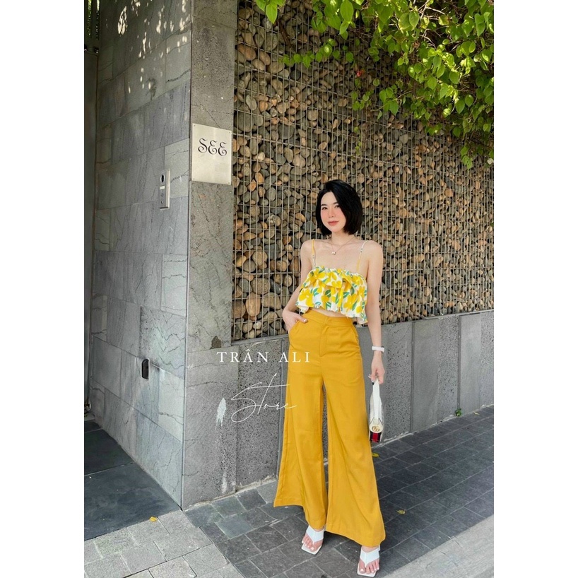 Set Bộ Áo 2S Lụa Vàng Họa Tiết Hoa Mix Quần Ống Rộng - Set Bộ Mặc Đi Chơi Dạo Phố Chanh Xả Dễ Thương