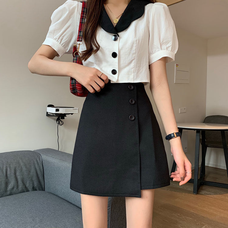 suit new short sleeve shirt+stitching skirts Two piece set