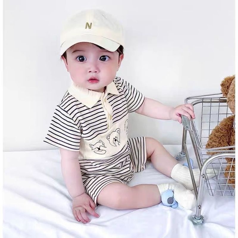 Bộ Áo Liền Quần Ngắn Tay Họa Tiết Kẻ Sọc Thời Trang Hàn Quốc Cho Bé Trai