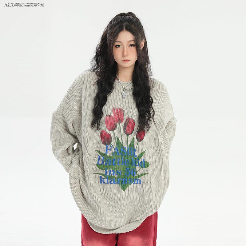 Áo Sweater Cổ Tròn In Họa Tiết Hoa Tulip Phong Cách Đường Phố Mỹ Thời Trang Thu Đông Cho Nam Và Nữ