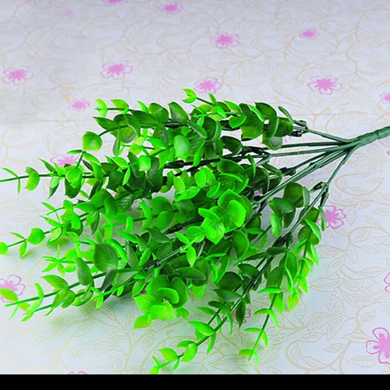 1 Pc 7-Branches Green Artificial Fake Plastic Eucalyptus Leaves Plant Home Decor