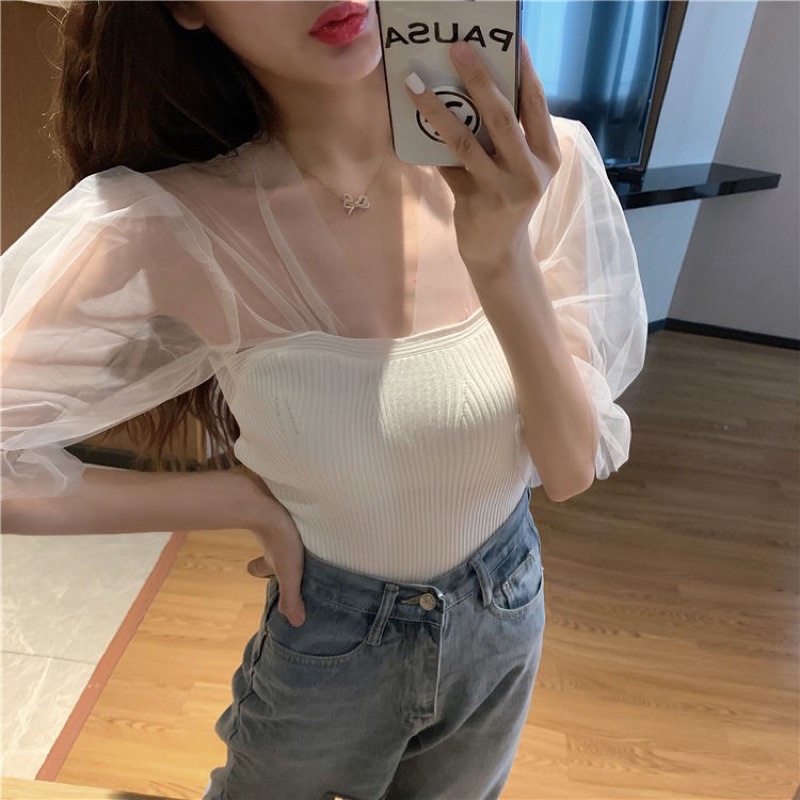 Áo kiểu ngắn tay phối tay ren bồng cách điệu phong cách mùa hè 2022 Annawangg AN35