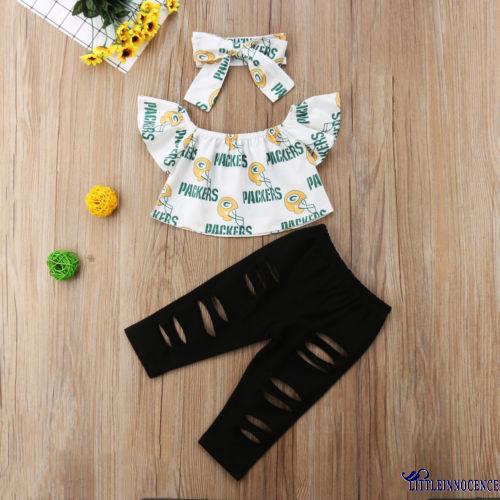 ❤XZQ-Cute Style Kids Baby Girls Off Shoulder Tops Ripped Leggings Pants 3PCS Outfits Set