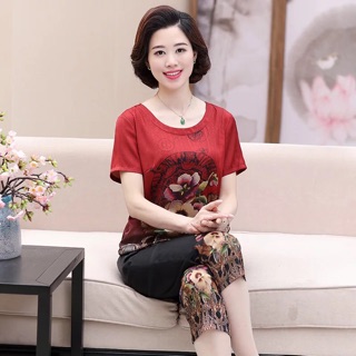 Đồ bộ nữ trung niên quần ống rộng ngoại cỡ hoạ tiết bắt mắt sang trọng BN012