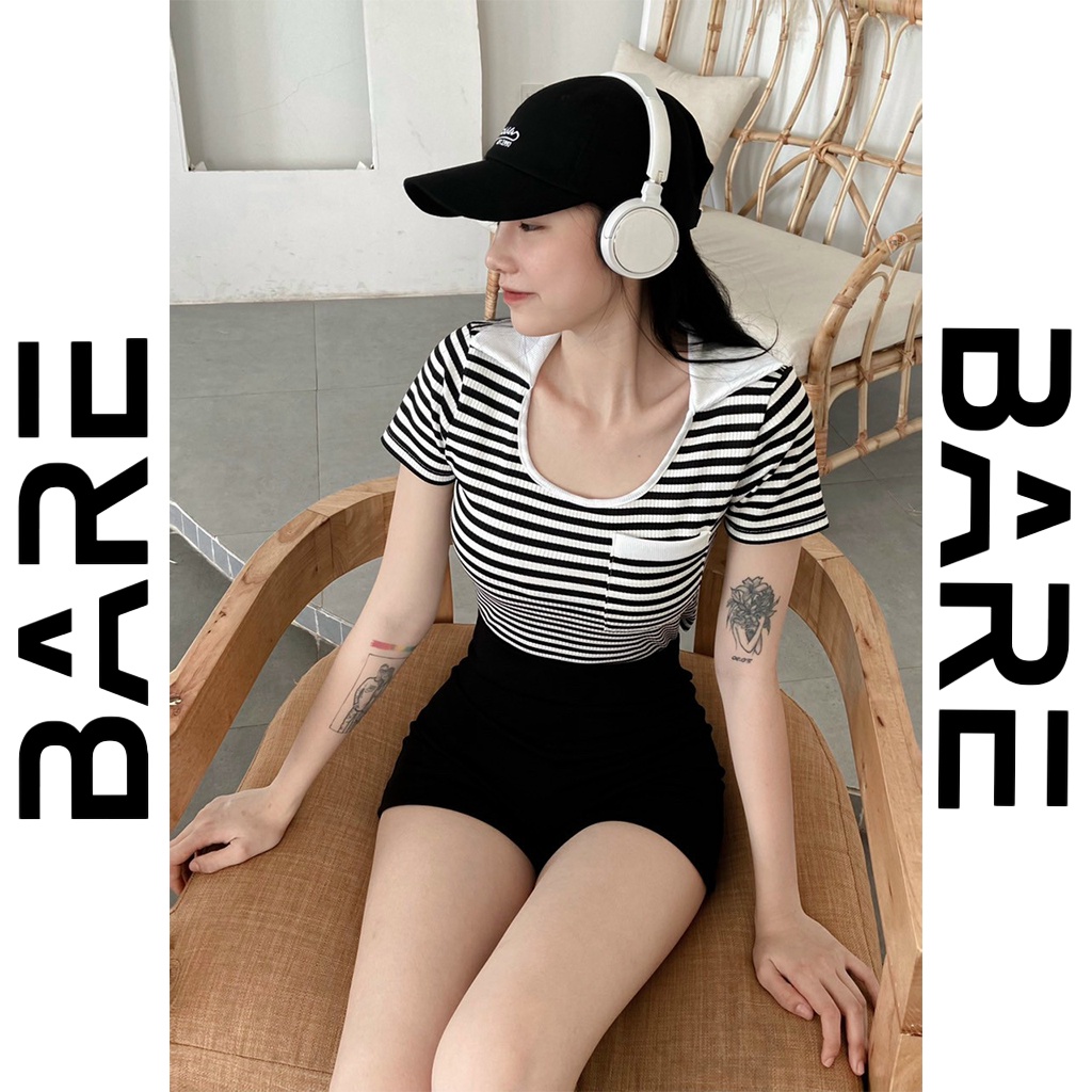 Áo thun nữ có cổ tay ngắn form áo thun ôm body phối túi họa tiết sọc thu đông - AO052