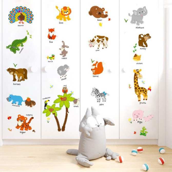 Decal dán tường cho bé học tiếng anh các loài thú SK9296 kiddecals