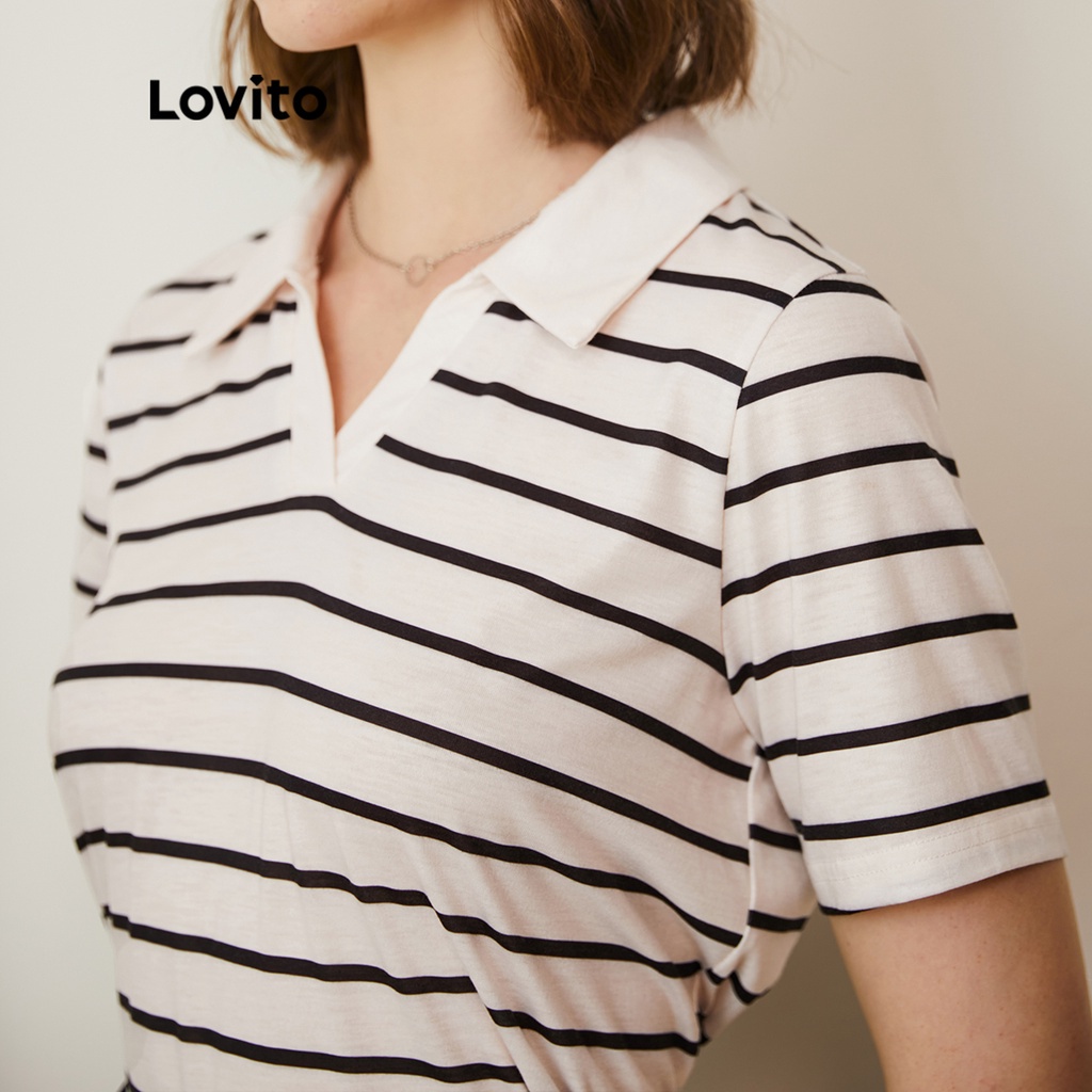 Lovito Áo Phông Có Cổ SọC Tương PhảN Thông ThườNg L22AD033 (TrắNg NhạT)