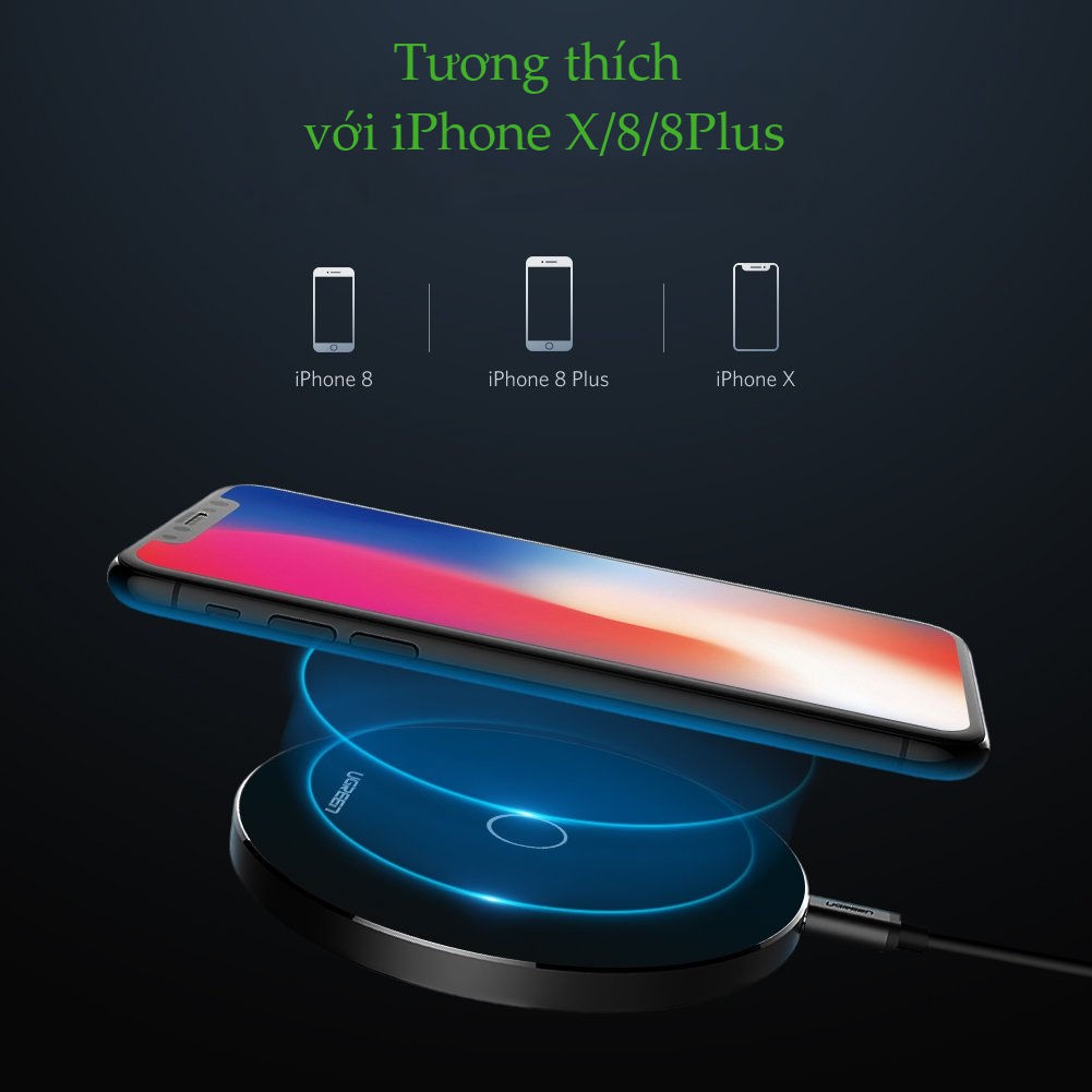 Sạc nhanh không dây, thông minh UGREEN CD181 50572 cho iPhone 8/8+/X/XS/XS max/XR (7.5W/10W), hỗ trợ cả khi có vỏ ốp