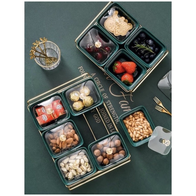 Khay đựng bánh mứt kẹo Tết sang trọng xanh Coban - bát sứ nắp thuỷ tinh ND12