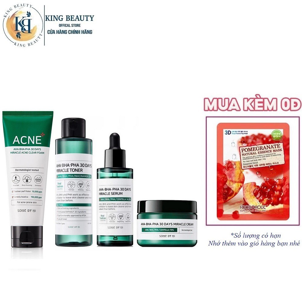 Bộ 4 SP Giảm Mụn Dưỡng Da Some By Mi AHA-BHA-PHA 30 Days Miracle (SRM Acne 100ml + Toner 150ml + SR 50ml + Kem 50ml)