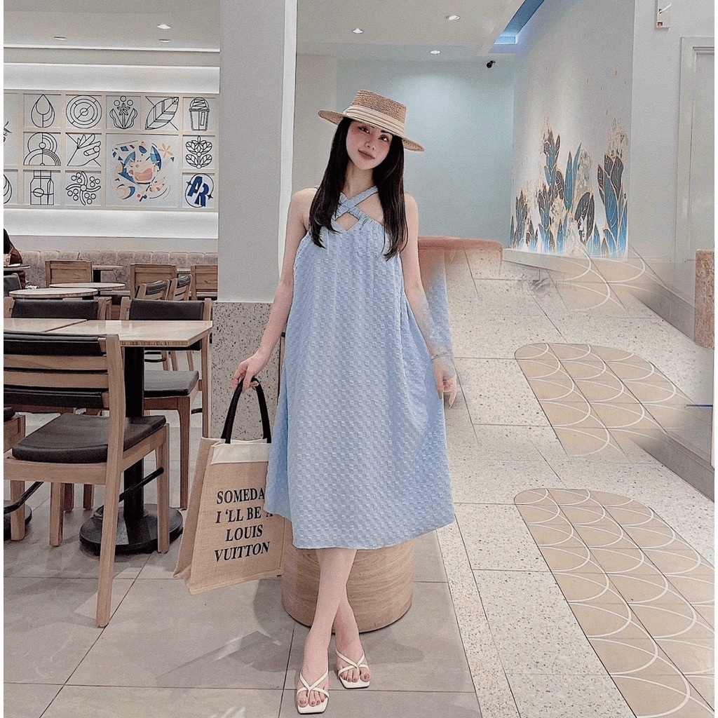 Đầm Maxi Đi Biển Cổ Yếm Dây Chéo Hở Vai Chất Đũi Xốp Mặc Đẹp Thả Dáng Siêu Xinh [NEW UNISEX]