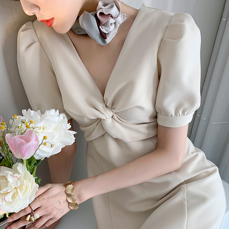 Đầm Tay Ngắn Cổ Chữ V Màu Sắc Trơn Phong Cách Hàn Quốc Thời Trang Mùa Hè Xinh Xắn Cho Nữ