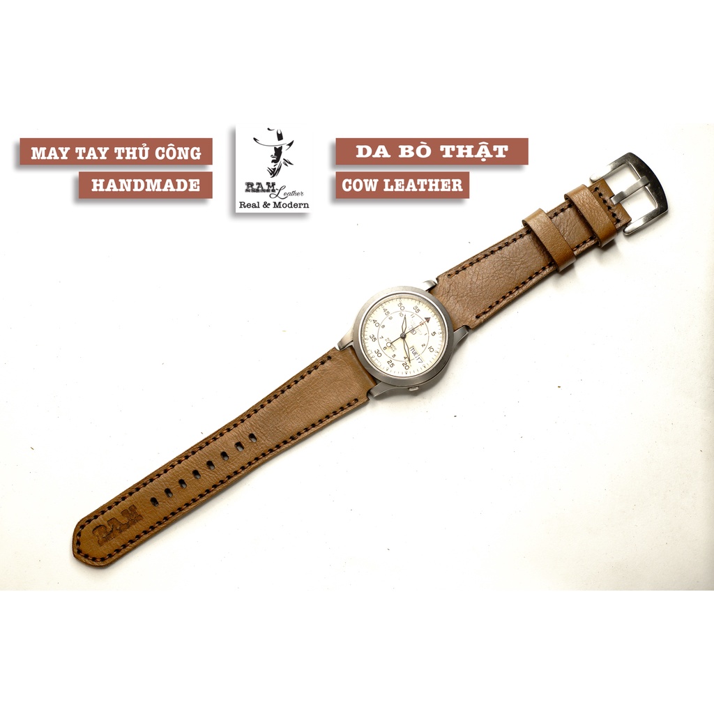 Dây apple watch da bò màu cà phê sữa handmade bền chắc cực đẹp RAM Leather - tặng khóa chốt và adapter