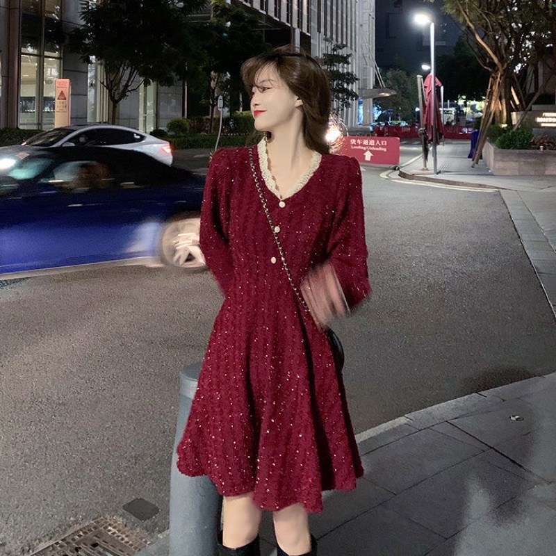 Váy dạ dệt kim tay phồng cổ chữ v _hàng quảng châu loại 1 | BigBuy360 - bigbuy360.vn