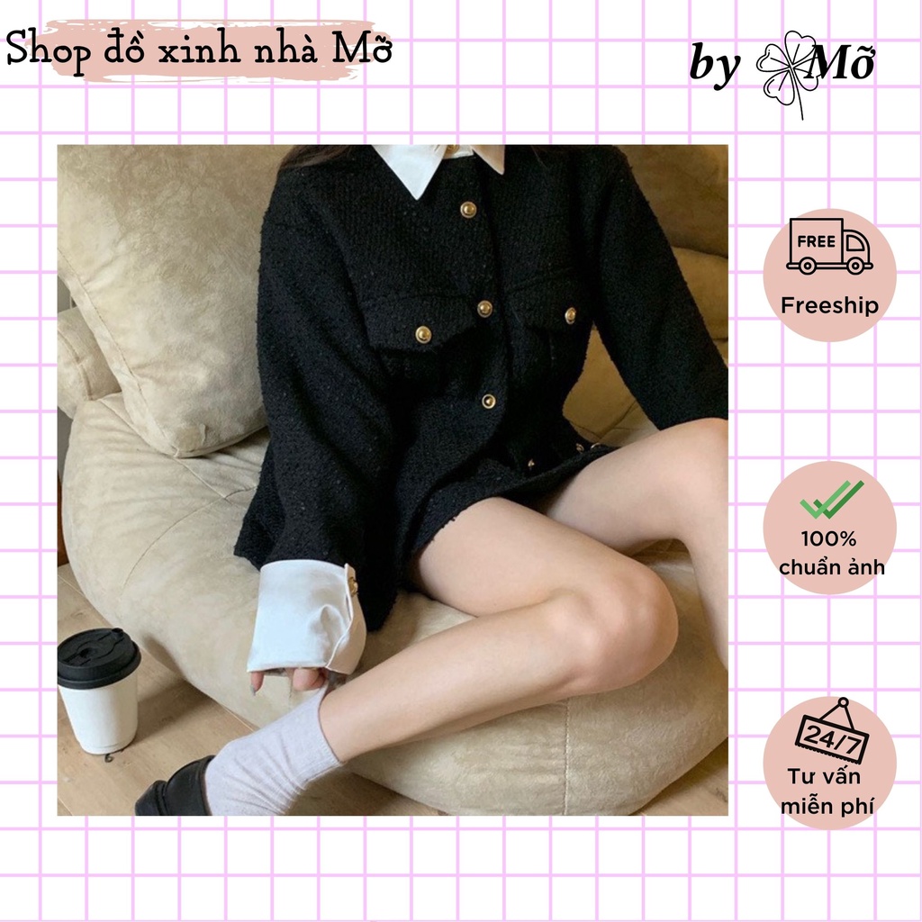 (Sẵn/Video thật)Set dạ đen phối cổ sơ mi, chất dạ siêu dày dặn, phong cách tỉ tỉ bên trung (hàng chuẩn ảnh) | BigBuy360 - bigbuy360.vn