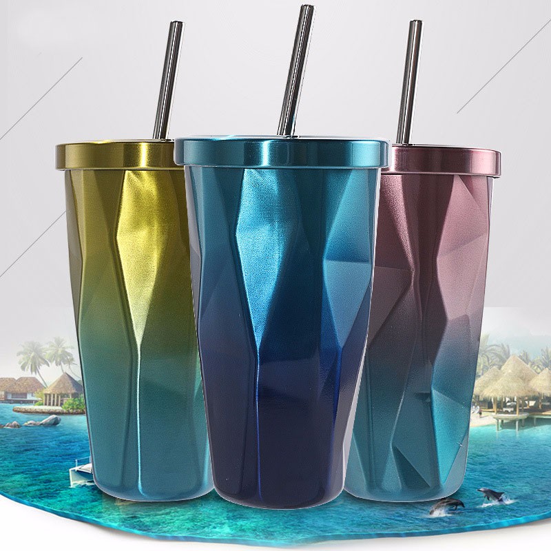 Stainless Steel Tumbler with Straw Double Wall 500ML (Pink + blue)