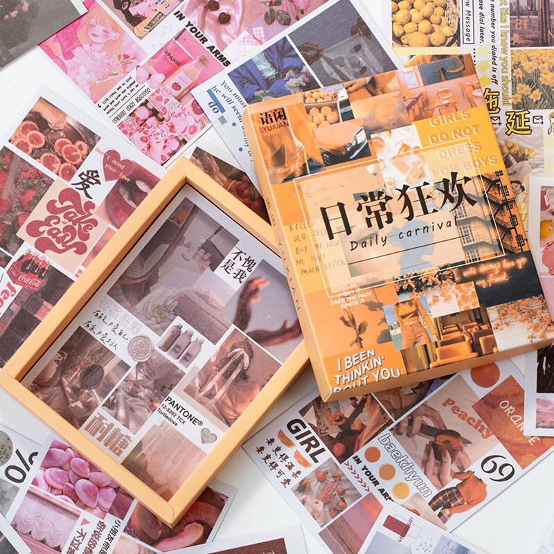 [8 mẫu] Hộp set sticker 50 tờ A6 , hình dán tự cắt hiện đại phong cảnh INS retro vintage cổ điển chi