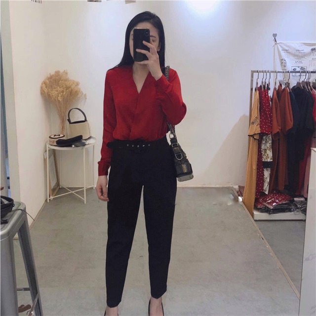 ÁO SƠ MI LỤA CỔ CHÉO TAY DÀI HÀNG hót 2019