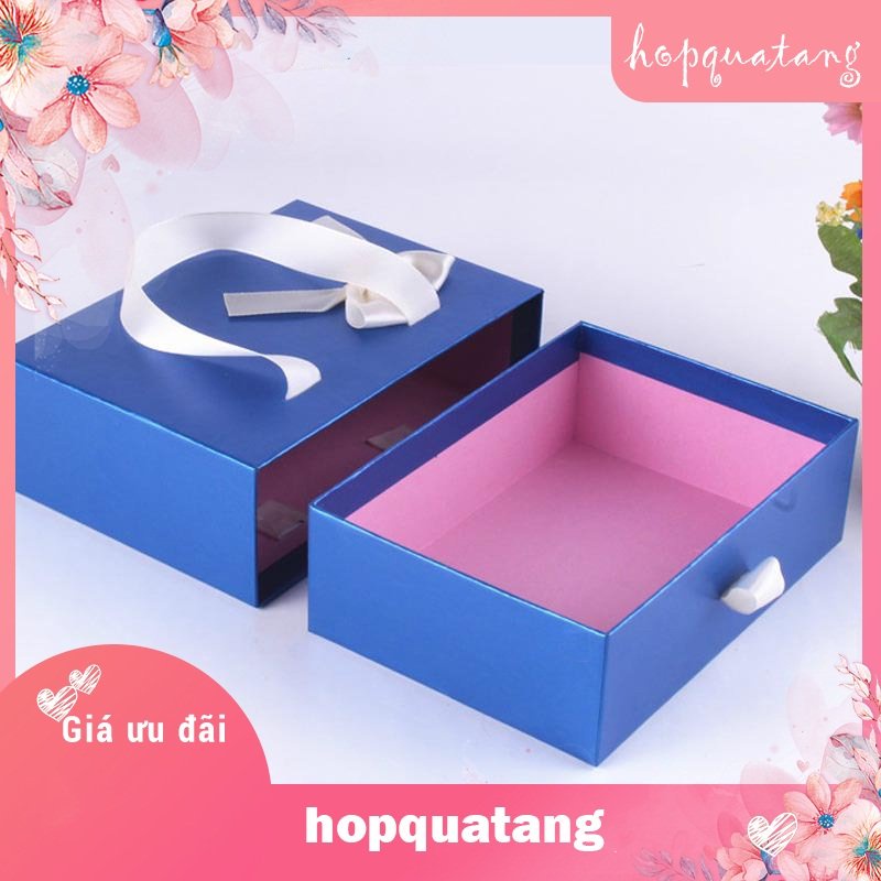 Hộp Quà Tặng Kèm Túi Màu Xanh Gắn Nơ Trắng Dạng Kéo Cao Cấp