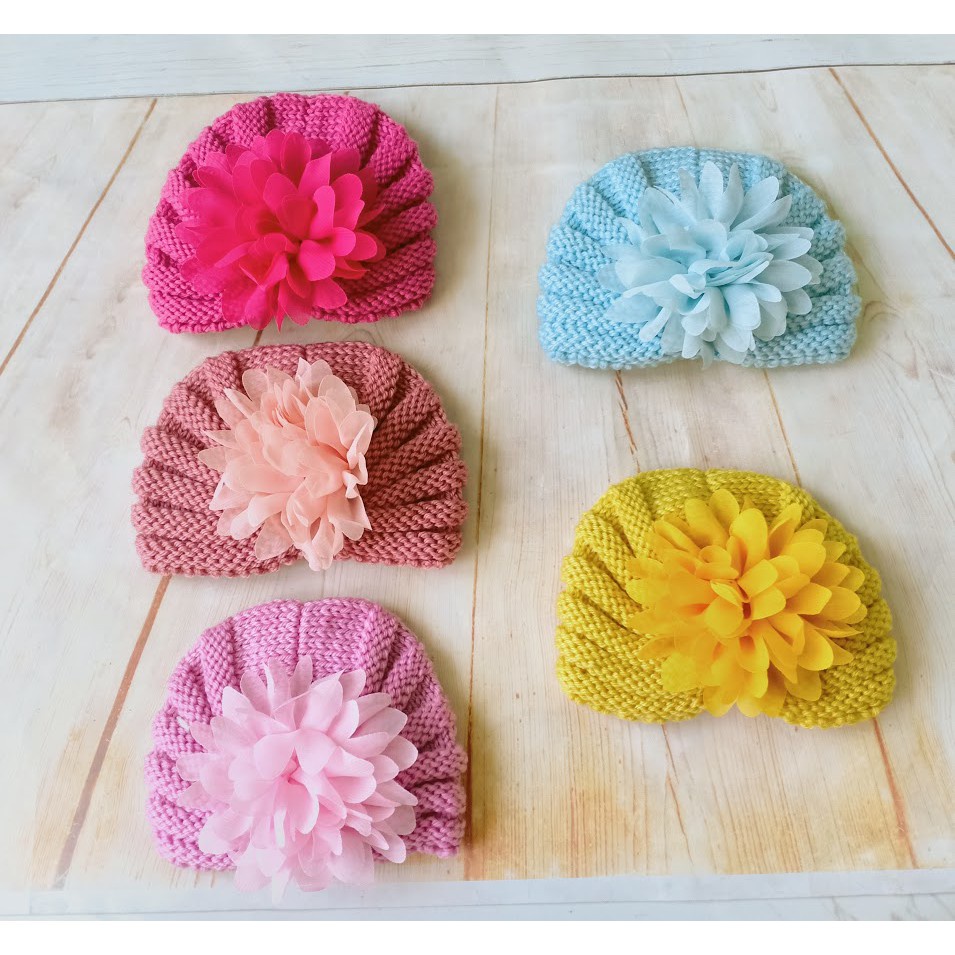 Nón Turban len đính hoa voan dễ thương cho bé gái sơ sinh-12 tháng